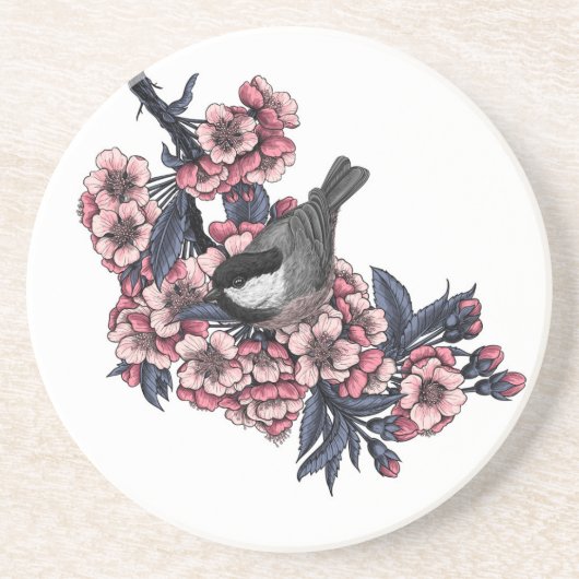 Kip op een bloeiende kersenbranche zandsteen onderzetter (Voorkant)