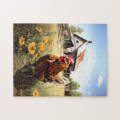 Kip op een boerderijen puzzel. legpuzzel (Horizontaal)