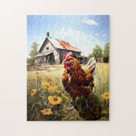 Kip op een boerderijen puzzel. legpuzzel
