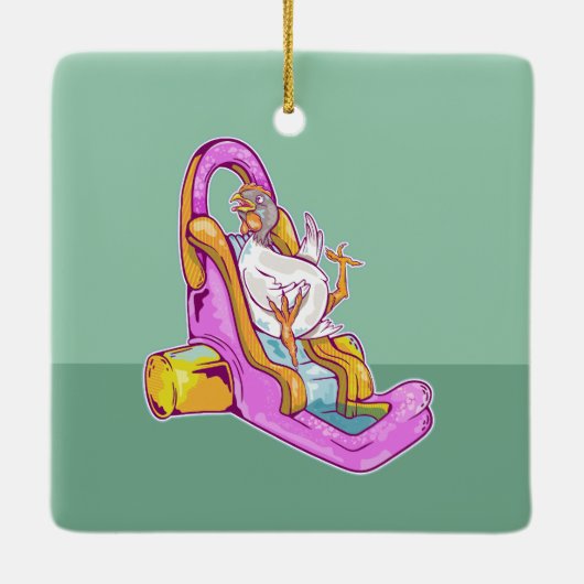 Kip op een waterglijbaan keramisch ornament (Achterkant)