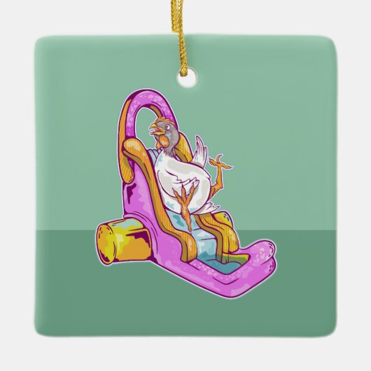 Kip op een waterglijbaan keramisch ornament (Voorkant)