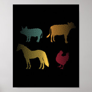Kip Paard Varken Koe Boerderij Boer Retro 70s 80s Poster