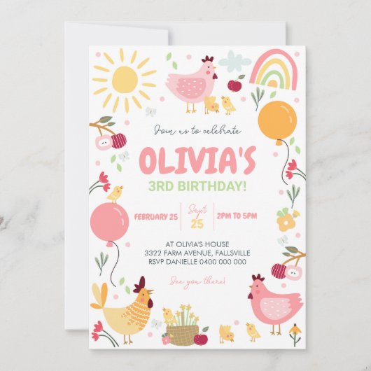 Kip Verjaardag Uitnodiging Rainbow Chicken Spring (Voorkant)