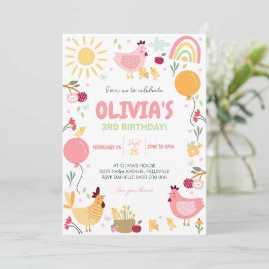 Kip Verjaardag Uitnodiging Rainbow Chicken Spring (Staand voorkant)