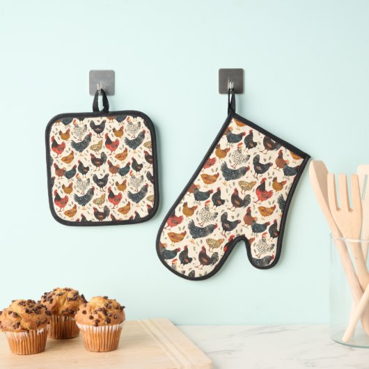 Kip Vintage Patroon Ovenwant & Pannenlap Set (Insitu(Ophanging))