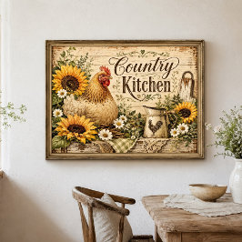 Kip Zonnebloemen Landelijk Boerderij Keuken Poster