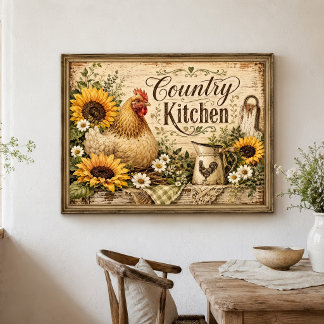 Kip Zonnebloemen Landelijk Boerderij Keuken Poster