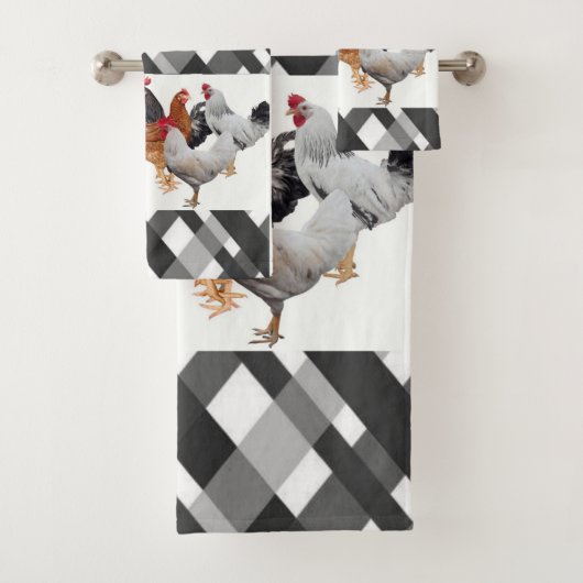 Kip zwart wit geruite badkamer handdoek sets (Insitu)