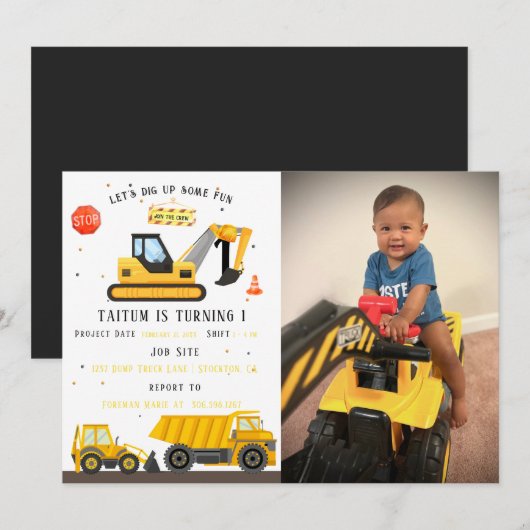 Kipkar & Graafmachine | Kinderen Bouw Verjaardag Kaart (Voorkant / Achterkant)