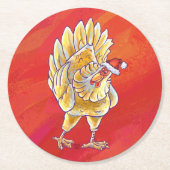Kipkerst op rood ronde kartonnen onderzetter (Voorkant)