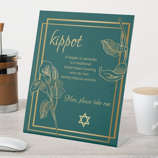 Kippah Yarmulke Table Sign Gold Lilie op groen Reclamebord Met Voetstuk (Insitu)