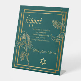 Kippah Yarmulke Table Sign Gold Lilie op groen Reclamebord Met Voetstuk