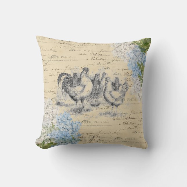  kippen Blauwe Bloemveer Sierkussen Briefkaart (Voorkant)