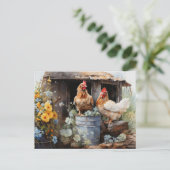 Kippen Blikken Emmer Kippenhok Gele Bloemen Briefkaart (Staand voorkant)