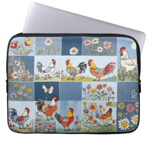 Kippen Bloemen Retro Denim Patchwork Pleinen Laptop Sleeve