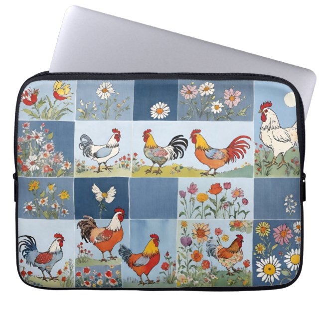 Kippen Bloemen Retro Denim Patchwork Pleinen Laptop Sleeve (Voorkant)