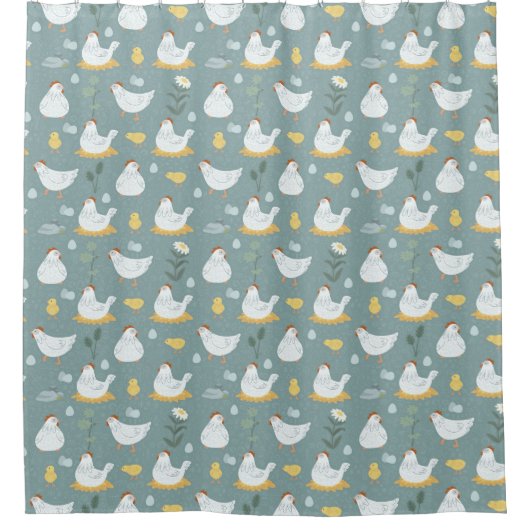 Kippen dromen in de Coop in Blauwgroen Douchegordijn (Voorkant)