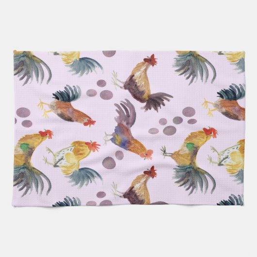 Kippen en Boerderij op de binnenplaats Waterverf l Theedoek (Horizontaal)