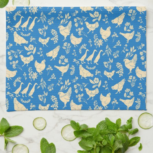 Kippen en eenden in Classic Blue Kitchen Towel Theedoek (Gevouwen)