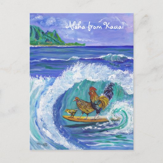 Kippen en Haan Surfen Kauai Beach Briefkaart (Voorkant)