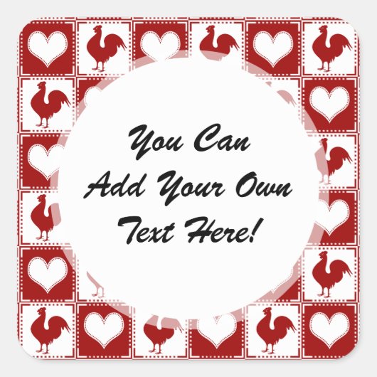 Kippen en harten Rooster Pattern Vierkante Sticker (Voorkant)