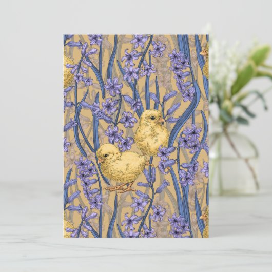 Kippen en hyacinten op geel (Staand voorkant)