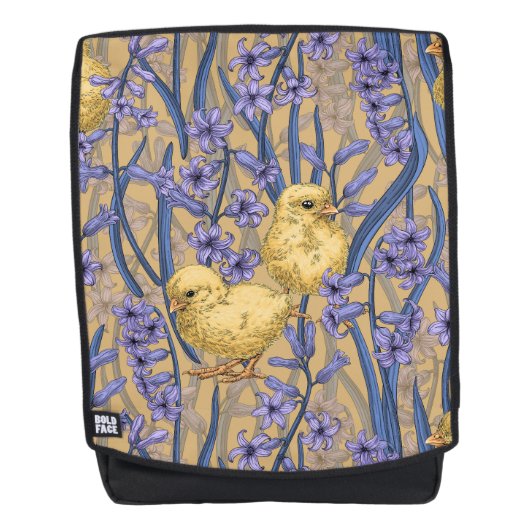Kippen en hyacinten op geel rugtassen (Voorkant)