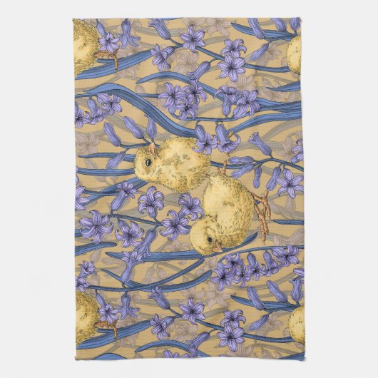 Kippen en hyacinten op geel theedoek (Verticaal)