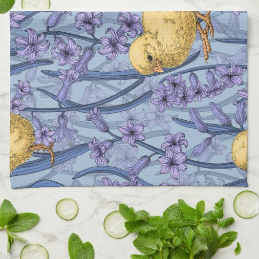 Kippen en hyacinten op hemelsblauw theedoek (Gevouwen)