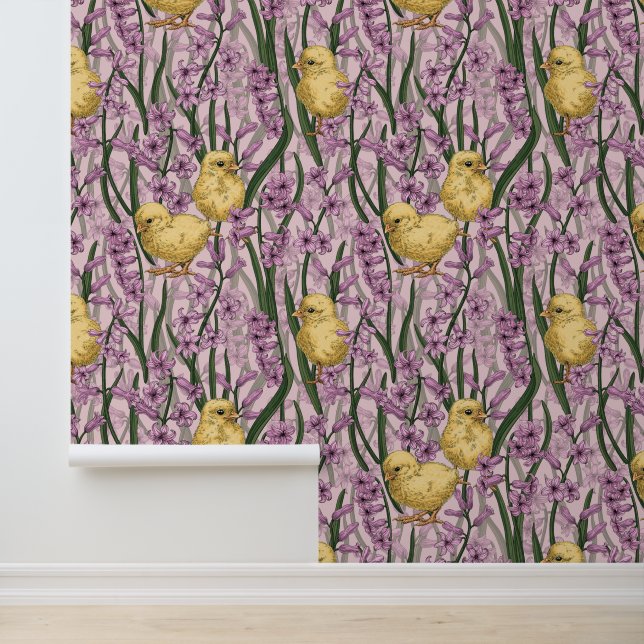 Kippen en hyacinten op roze behang (Applicatie)