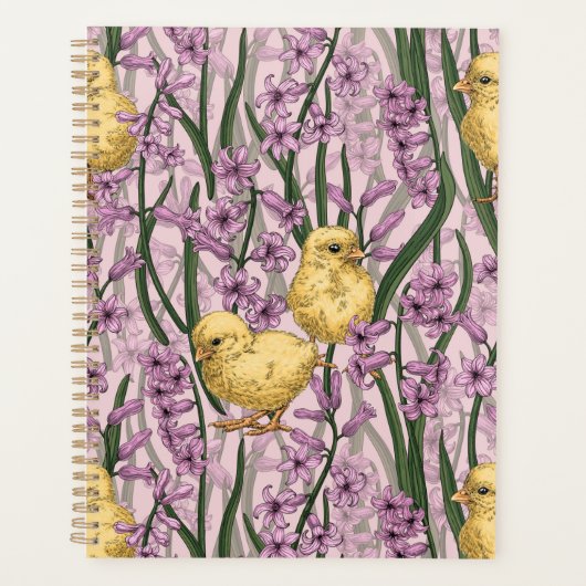 Kippen en hyacinten op roze planner (Voorkant)
