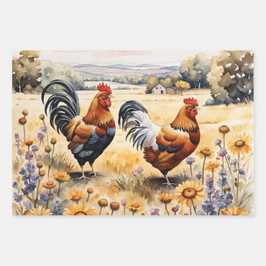 Kippen en wilde bloemen inpakpapier vel (Voorkant)