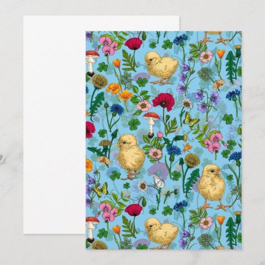 Kippen en wilde bloemen op baby blauw (Voorkant / Achterkant)