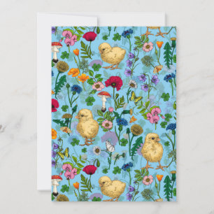 Kippen en wilde bloemen op baby blauw