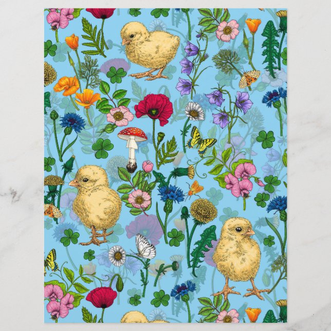 Kippen en wilde bloemen op baby blauw (Voorkant)