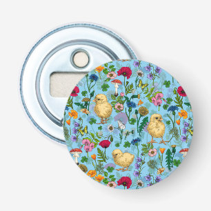 Kippen en wilde bloemen op baby blauw button flesopener