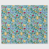 Kippen en wilde bloemen op baby blauw cadeaupapier (Vlak)
