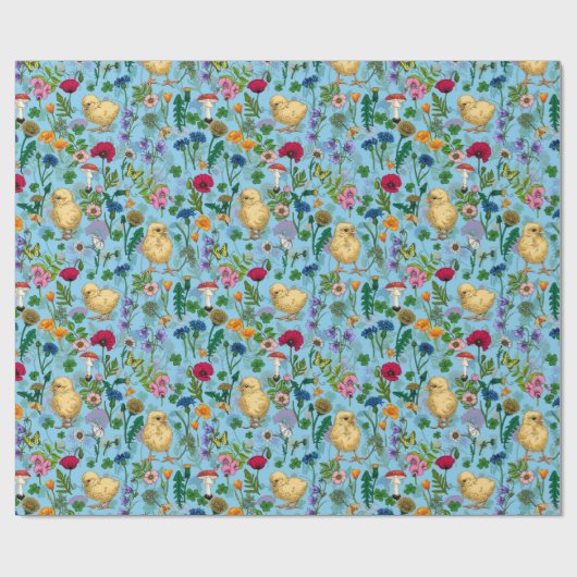 Kippen en wilde bloemen op baby blauw cadeaupapier (Vlak)