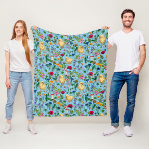 Kippen en wilde bloemen op baby blauw fleece deken