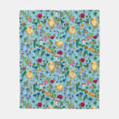 Kippen en wilde bloemen op baby blauw fleece deken (Voorkant)