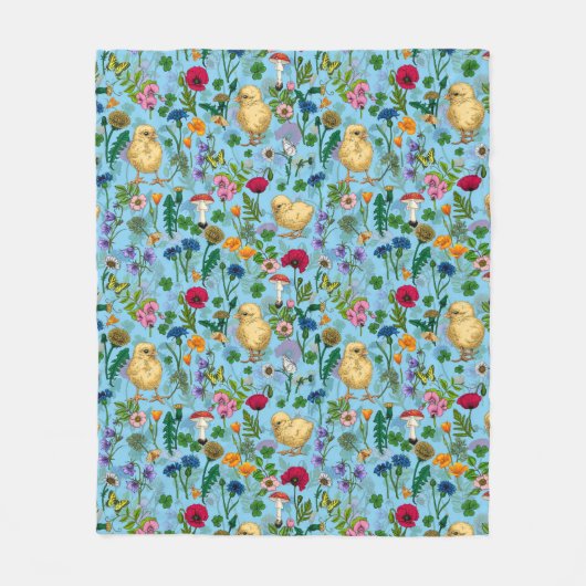 Kippen en wilde bloemen op baby blauw fleece deken (Voorkant)