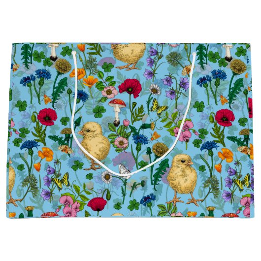 Kippen en wilde bloemen op baby blauw groot cadeauzakje (Voorkant)