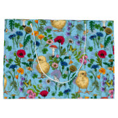 Kippen en wilde bloemen op baby blauw groot cadeauzakje (Achterkant)