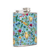 Kippen en wilde bloemen op baby blauw heupfles (Rechts)