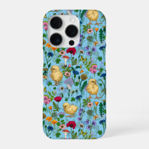 Kippen en wilde bloemen op baby blauw iPhone 16 pro hoesje