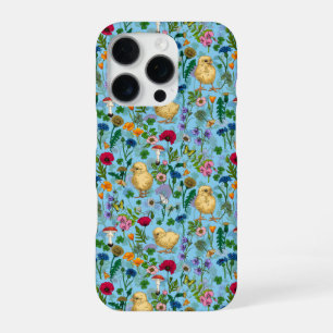 Kippen en wilde bloemen op baby blauw iPhone 16 pro hoesje