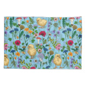 Kippen en wilde bloemen op baby blauw kussensloop (Achterkant-Links)