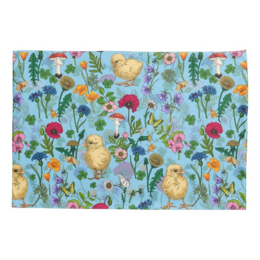 Kippen en wilde bloemen op baby blauw kussensloop (Achterkant-Links)