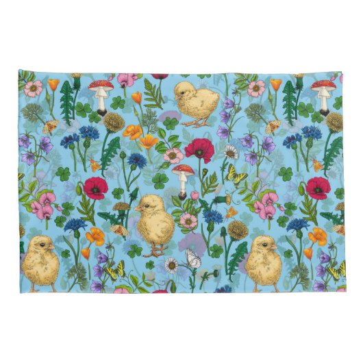 Kippen en wilde bloemen op baby blauw kussensloop (Achterkant-Rechts)