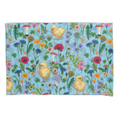 Kippen en wilde bloemen op baby blauw kussensloop (Voorkant-Links)
